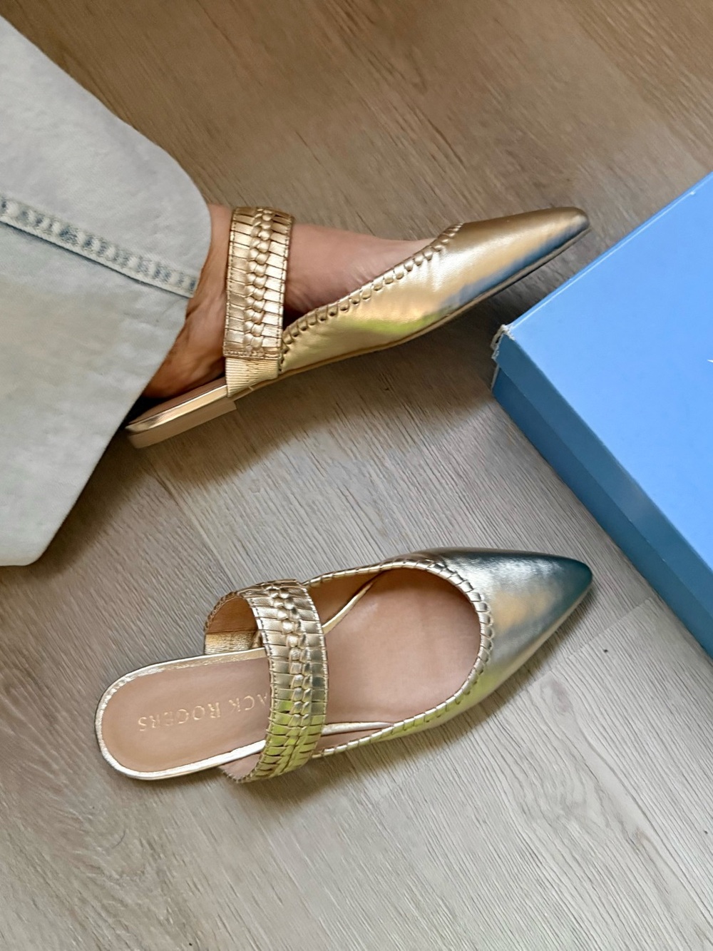 New Jack Rogers Metallic Gold Pointed-Toe Woven Strap Mules